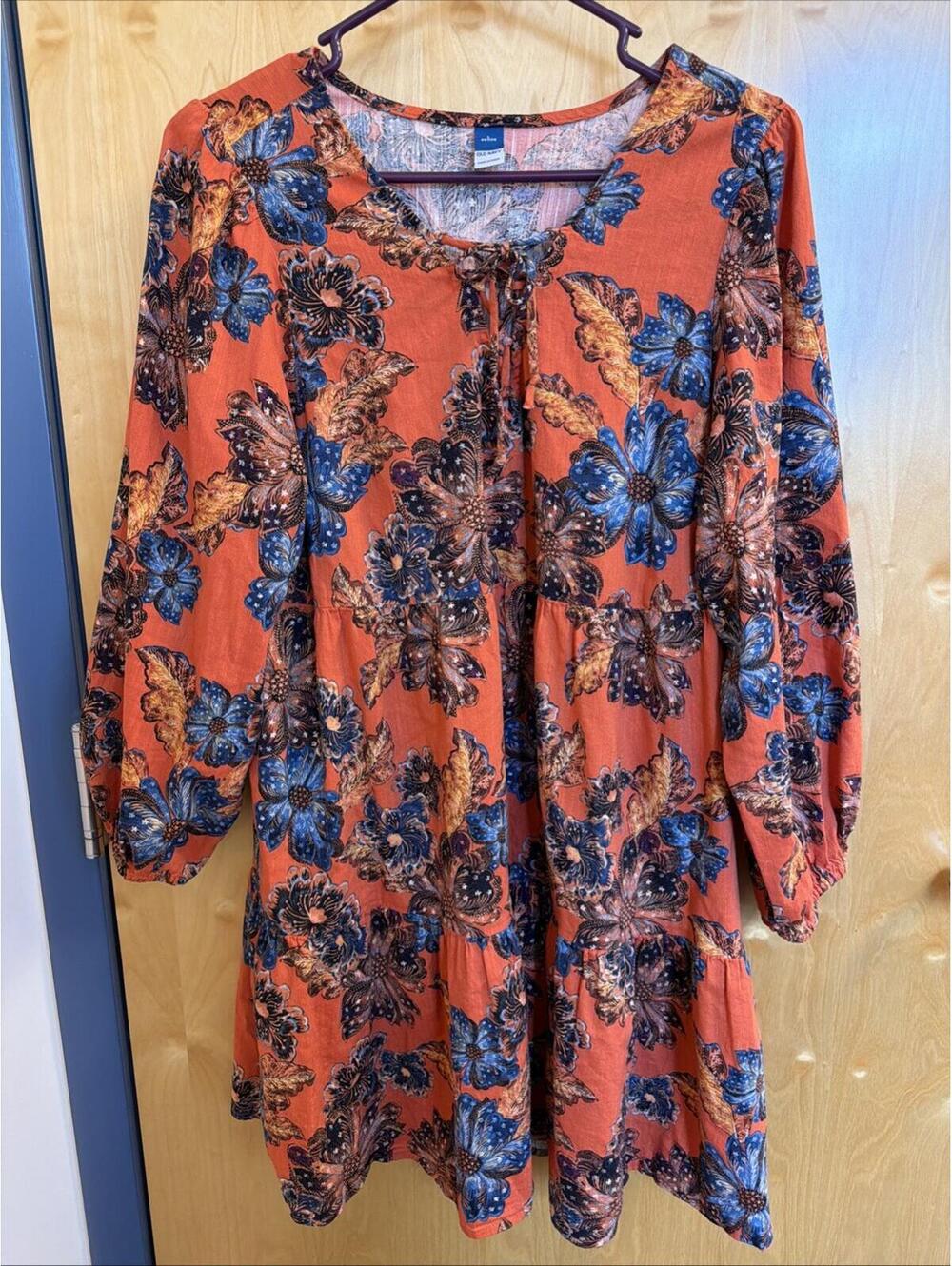 Old Navy Orange floral swing dress Lace Tie Neck Sz L Petite Pockets Boho Flowy - Picture 2 of 10